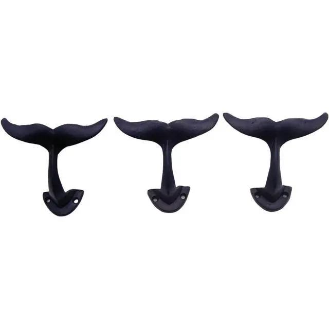 Alt view image 2 of 7 - Rustic Dark Blue Cast Iron Whale Tail Wall Hooks, 4 1/2 Inches, Set of 3
