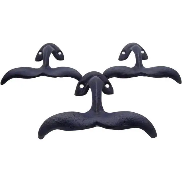 Alt view image 4 of 7 - Rustic Dark Blue Cast Iron Whale Tail Wall Hooks, 4 1/2 Inches, Set of 3