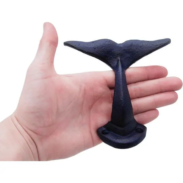Alt view image 6 of 7 - Rustic Dark Blue Cast Iron Whale Tail Wall Hooks, 4 1/2 Inches, Set of 3
