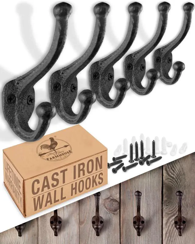 Main image of Rustic Cast Iron Coat Hooks (5 Pack) Wall Mounted Farmhouse Decorative Wall Hooks, Vintage Hooks for Hanging Coats, Bags, Hats, Towels (Antique Black, Includes Hardware)