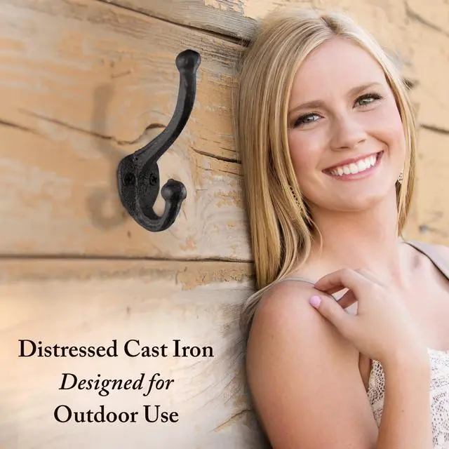 Alt view image 2 of 7 - Rustic Cast Iron Coat Hooks (5 Pack) Wall Mounted Farmhouse Decorative Wall Hooks, Vintage Hooks for Hanging Coats, Bags, Hats, Towels (Antique Black, Includes Hardware)