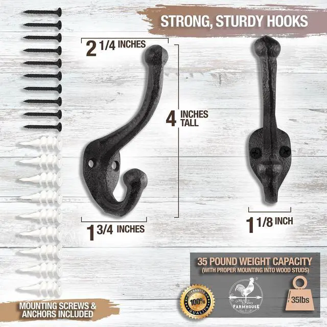 Alt view image 3 of 7 - Rustic Cast Iron Coat Hooks (5 Pack) Wall Mounted Farmhouse Decorative Wall Hooks, Vintage Hooks for Hanging Coats, Bags, Hats, Towels (Antique Black, Includes Hardware)