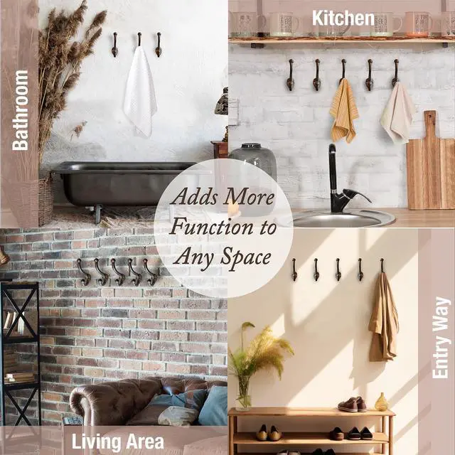 Alt view image 4 of 7 - Rustic Cast Iron Coat Hooks (5 Pack) Wall Mounted Farmhouse Decorative Wall Hooks, Vintage Hooks for Hanging Coats, Bags, Hats, Towels (Antique Black, Includes Hardware)