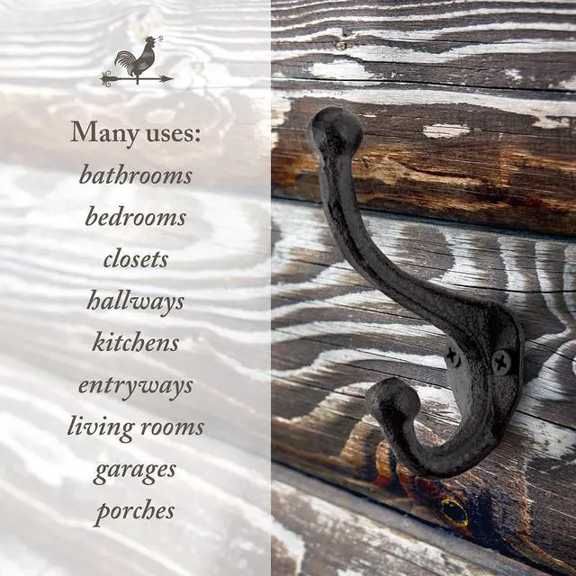 Alt view image 7 of 7 - Rustic Cast Iron Coat Hooks (5 Pack) Wall Mounted Farmhouse Decorative Wall Hooks, Vintage Hooks for Hanging Coats, Bags, Hats, Towels (Antique Black, Includes Hardware)