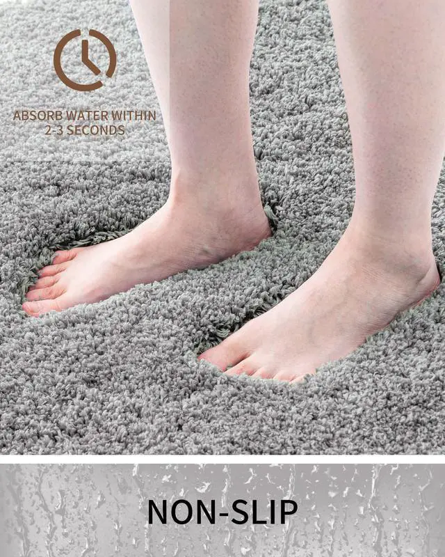 Alt view image 3 of 7 - Bathroom Rugs Non Slip Washable 32x20, Ultra Thick Soft Microfiber Absorbent Bath Mats, High Density Foam Latex Non Slip Backing Bath Rugs, Fluffy Floor Carpet for Tub&Shower, Grey