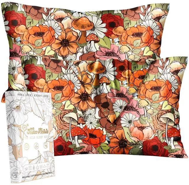 Main image of Silk Pillowcase 2 Pack - Cute Pillow Cases 20" x 26" Standard Size Set of 2 for Hair and Skin Smooth Soft Breathable with Hidden Zipper Cooling Pillow Covers for Sleeping, Mushroom Bushes