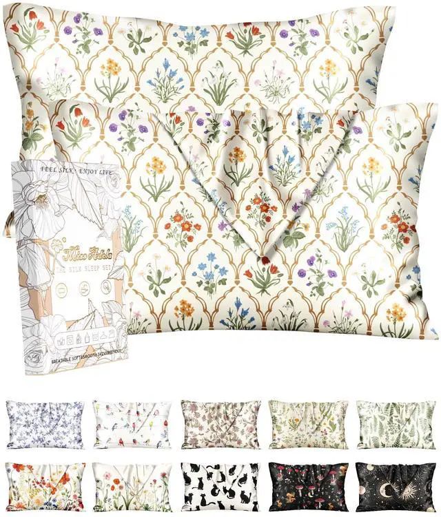 Main image of 2 Pack Silk Pillowcase - 20x26 Inch Standard Size Silk Pillow Case with Hidden Zipper for Women Lady Smooth Soft Breathable Cute Design Pillowcase for Hair and Skin, Check Flower