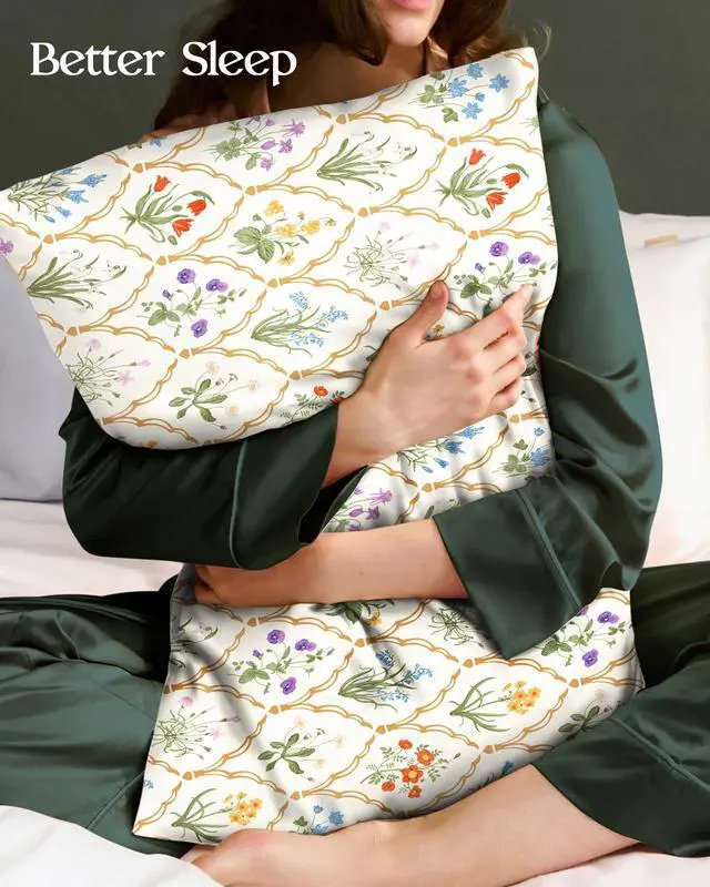 Alt view image 2 of 7 - 2 Pack Silk Pillowcase - 20x26 Inch Standard Size Silk Pillow Case with Hidden Zipper for Women Lady Smooth Soft Breathable Cute Design Pillowcase for Hair and Skin, Check Flower