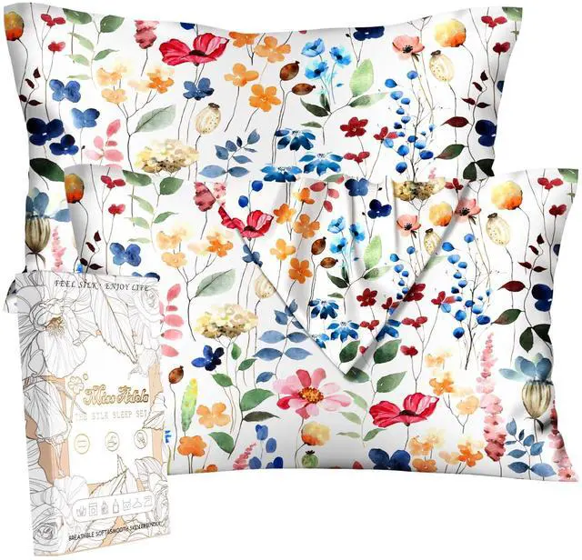 Main image of 2 Pack Mulberry Silk Pillowcase for Hair and Skin - Standard Size 20 x 26 Inches with Hidden Zipper Watercolor Flower 19 Momme Soft Sleeping Silk Pillow Case for Women, Moms