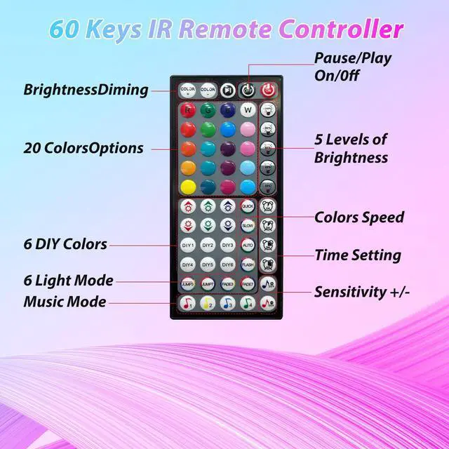 Alt view image 5 of 7 - Led Lights for Bedroom 250ft (2 Rolls of 125ft) Color Changing RGB Led Strip Lights with 60 Keys Remote and App Control, Music Sync Led Lights for Room Kitchen Party Home Decor