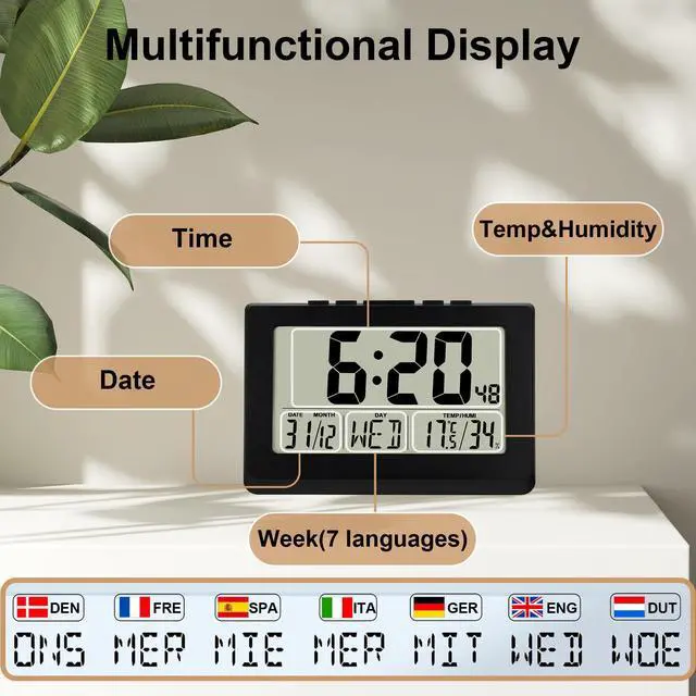 Alt view image 6 of 7 - 10" LCD Large Display Digital Clock, Wall Mounted and Desktop, Battery Operated Electronic Clocks with Date, Day, Temperature, Snooze Function for Elderly, Living Room Bedroom Office, Black