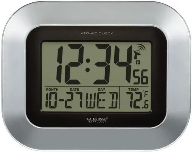 Main image of WT-8005U-S Atomic Digital Wall Clock with Indoor Temperature, Silver