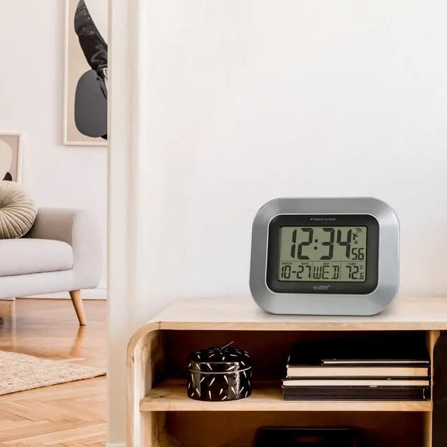 Alt view image 6 of 7 - WT-8005U-S Atomic Digital Wall Clock with Indoor Temperature, Silver