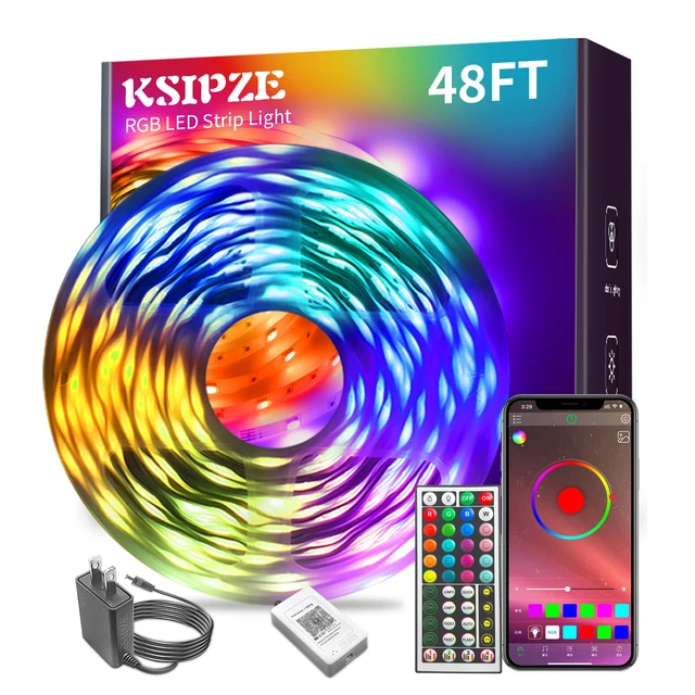 Main image of Led Lights for Bedroom 48ft Led Strip Lights with Remote RGB Color Changing Music Sync Bluetooth Smart App Control for Room Bedroom Lighting Flexible Home Décor