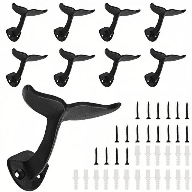 Main image of Set of 8 Whale Tail Wall Hooks, Cast Iron Towel Hook with Mounting Screws Wall Anchors, Heavy Duty Wall-Mounted Coat Hanger Nautical Decor for Hanging Purses, Hats, Clothes