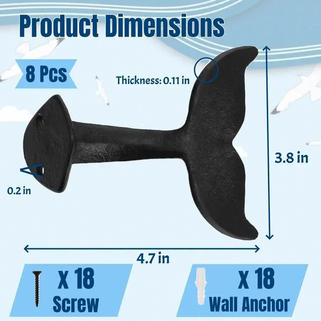 Alt view image 2 of 7 - Set of 8 Whale Tail Wall Hooks, Cast Iron Towel Hook with Mounting Screws Wall Anchors, Heavy Duty Wall-Mounted Coat Hanger Nautical Decor for Hanging Purses, Hats, Clothes