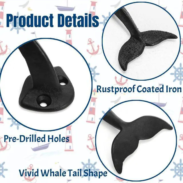 Alt view image 4 of 7 - Set of 8 Whale Tail Wall Hooks, Cast Iron Towel Hook with Mounting Screws Wall Anchors, Heavy Duty Wall-Mounted Coat Hanger Nautical Decor for Hanging Purses, Hats, Clothes