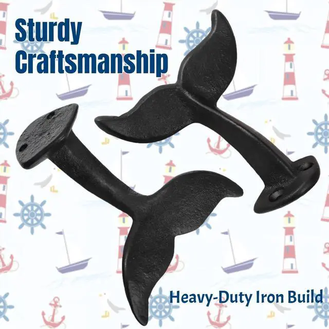 Alt view image 5 of 7 - Set of 8 Whale Tail Wall Hooks, Cast Iron Towel Hook with Mounting Screws Wall Anchors, Heavy Duty Wall-Mounted Coat Hanger Nautical Decor for Hanging Purses, Hats, Clothes