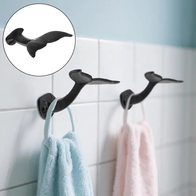 Alt view image 7 of 7 - Set of 8 Whale Tail Wall Hooks, Cast Iron Towel Hook with Mounting Screws Wall Anchors, Heavy Duty Wall-Mounted Coat Hanger Nautical Decor for Hanging Purses, Hats, Clothes