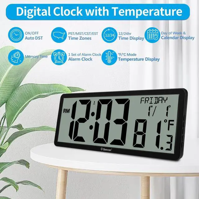 Alt view image 2 of 7 - 14.3" Atomic Wall Clock Battery Operated, Large Atomic Digital Wall Clock with Indoor Temperature and Humidity, Date, 4.4" Jumbo Digits for Home Office Elderly Living Room, Dining Room