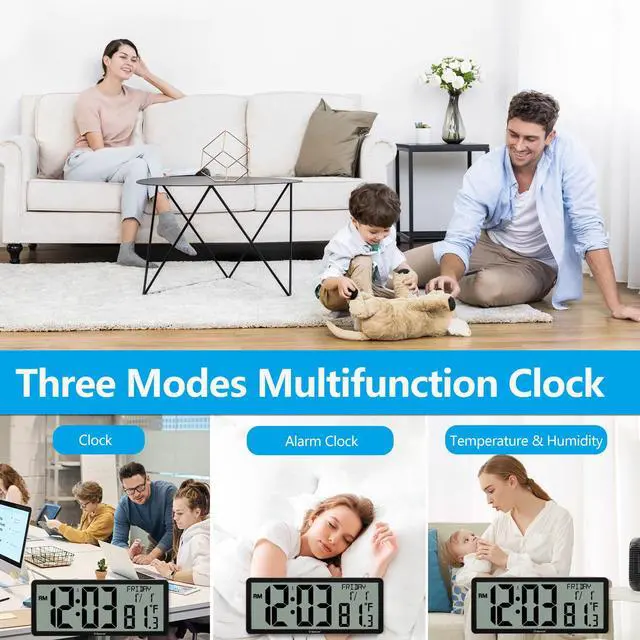 Alt view image 4 of 7 - 14.3" Atomic Wall Clock Battery Operated, Large Atomic Digital Wall Clock with Indoor Temperature and Humidity, Date, 4.4" Jumbo Digits for Home Office Elderly Living Room, Dining Room