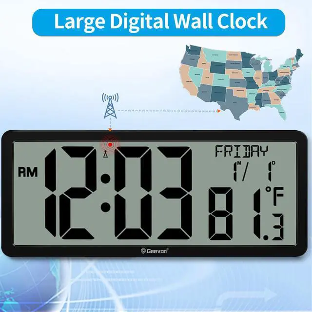 Alt view image 5 of 7 - 14.3" Atomic Wall Clock Battery Operated, Large Atomic Digital Wall Clock with Indoor Temperature and Humidity, Date, 4.4" Jumbo Digits for Home Office Elderly Living Room, Dining Room