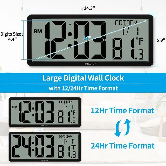 Alt view image 7 of 7 - 14.3" Atomic Wall Clock Battery Operated, Large Atomic Digital Wall Clock with Indoor Temperature and Humidity, Date, 4.4" Jumbo Digits for Home Office Elderly Living Room, Dining Room