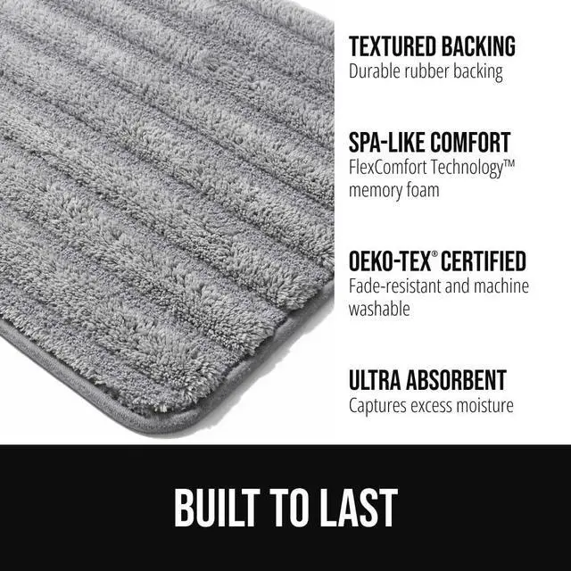 Alt view image 2 of 6 - Textured Backing Bathroom Rugs, Soft Memory Foam Absorbent Striped Bath Mats, Machine Washable & Fade Resistant, Bathmat Accessories for Floor, Home Decor Shower Essentials, Grey 34x20