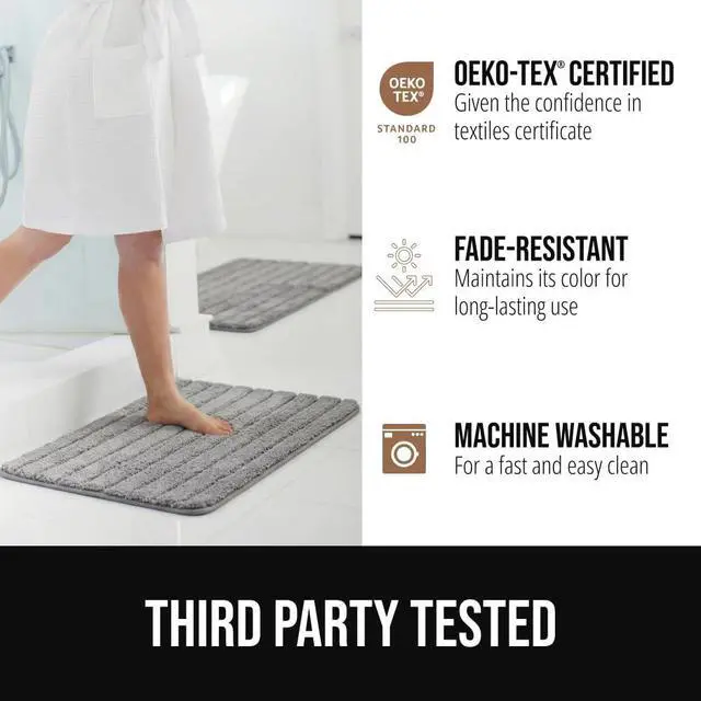 Alt view image 5 of 6 - Textured Backing Bathroom Rugs, Soft Memory Foam Absorbent Striped Bath Mats, Machine Washable & Fade Resistant, Bathmat Accessories for Floor, Home Decor Shower Essentials, Grey 34x20