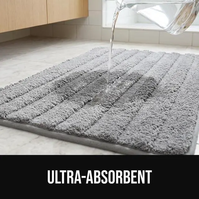 Alt view image 6 of 6 - Textured Backing Bathroom Rugs, Soft Memory Foam Absorbent Striped Bath Mats, Machine Washable & Fade Resistant, Bathmat Accessories for Floor, Home Decor Shower Essentials, Grey 34x20
