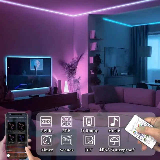 Alt view image 2 of 7 - 65.6ft Smart RGB LED Strip Lights (2×32.8ft) App & Remote Control, Music Sync Color Changing Lights for Bedroom & Tent