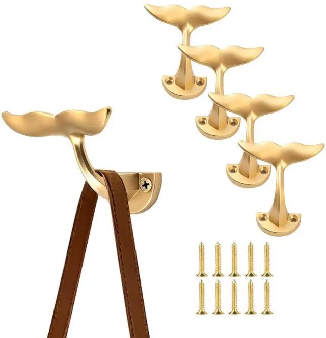 Main image of Gold Whale Tail Wall Hooks (Set of 5), Heavy Duty, Wall Mounted, Decorative Ocean Nautical Home Decoration