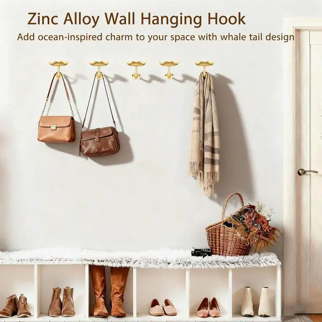 Alt view image 2 of 7 - Gold Whale Tail Wall Hooks (Set of 5), Heavy Duty, Wall Mounted, Decorative Ocean Nautical Home Decoration