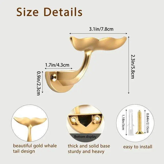 Alt view image 4 of 7 - Gold Whale Tail Wall Hooks (Set of 5), Heavy Duty, Wall Mounted, Decorative Ocean Nautical Home Decoration