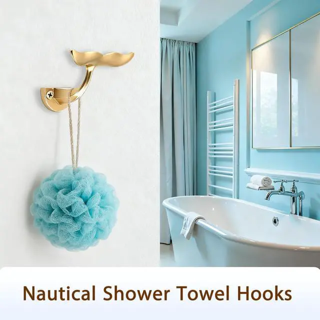 Alt view image 7 of 7 - Gold Whale Tail Wall Hooks (Set of 5), Heavy Duty, Wall Mounted, Decorative Ocean Nautical Home Decoration