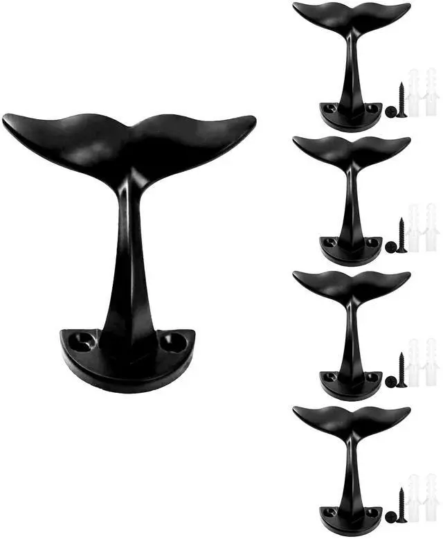 Main image of Black Whale Tail Wall Hooks (Set of 5), Heavy Duty, Wall Mounted,Ocean Nautical Home Decoration