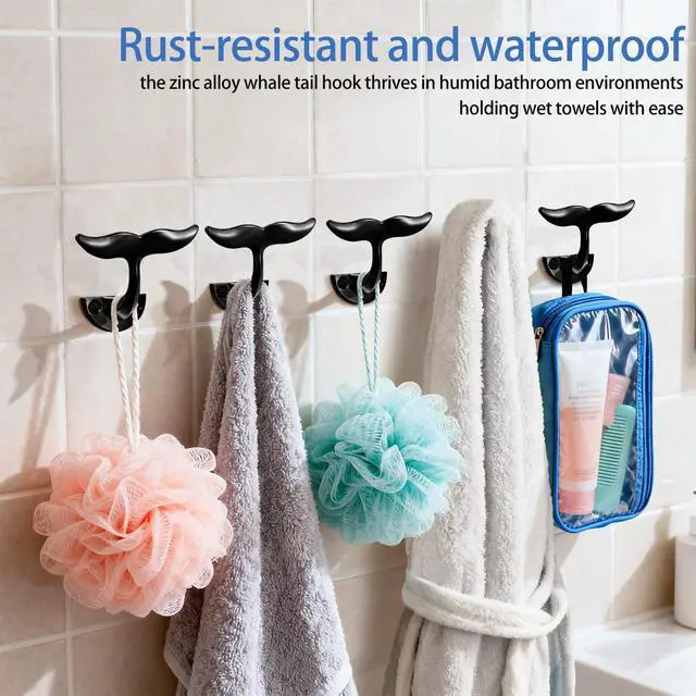 Alt view image 3 of 7 - Black Whale Tail Wall Hooks (Set of 5), Heavy Duty, Wall Mounted,Ocean Nautical Home Decoration