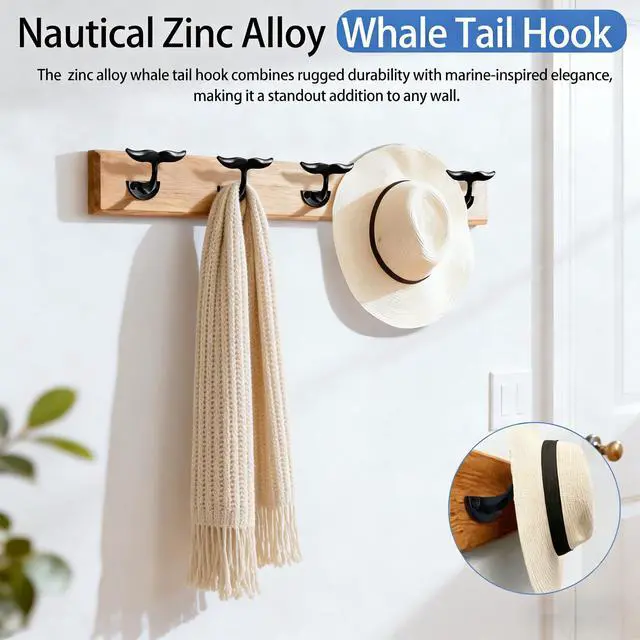 Alt view image 2 of 7 - Black Whale Tail Wall Hooks (Set of 5), Heavy Duty, Wall Mounted,Ocean Nautical Home Decoration