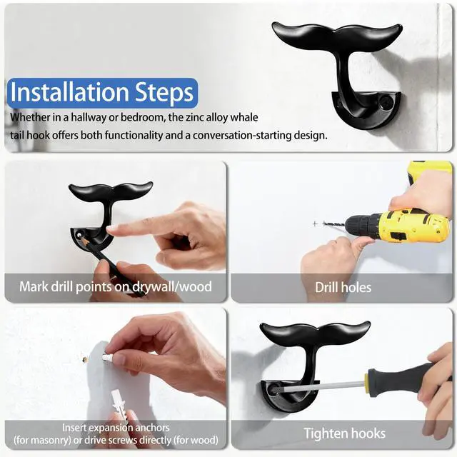 Alt view image 5 of 7 - Black Whale Tail Wall Hooks (Set of 5), Heavy Duty, Wall Mounted,Ocean Nautical Home Decoration