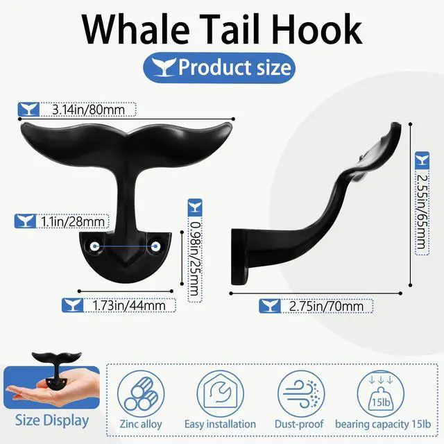 Alt view image 4 of 7 - Black Whale Tail Wall Hooks (Set of 5), Heavy Duty, Wall Mounted,Ocean Nautical Home Decoration