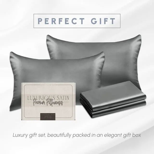 Alt view image 5 of 7 - 4-Pack Cooling Viscose Satin Pillowcase Set with Hidden Zipper Closure, Silky Smooth for Best Hair and Skin Care-Beautiful Gift Box-4-Piece Satin Pillowcase Set, Standard/Queen, Gray