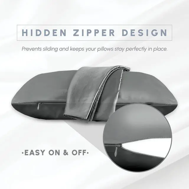 Alt view image 4 of 7 - 4-Pack Cooling Viscose Satin Pillowcase Set with Hidden Zipper Closure, Silky Smooth for Best Hair and Skin Care-Beautiful Gift Box-4-Piece Satin Pillowcase Set, Standard/Queen, Gray