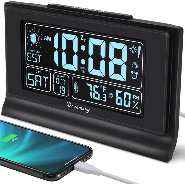 Main image of Alarm Clocks for Bedrooms with Battery Backup, Auto Set Digital Clock with Date and Day of Week, Indoor Temperature Humidity, Moon Phase, Dimmer, Auto DST, USB Port
