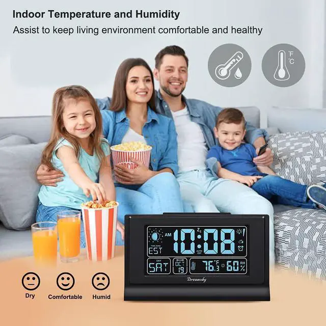 Alt view image 3 of 7 - Alarm Clocks for Bedrooms with Battery Backup, Auto Set Digital Clock with Date and Day of Week, Indoor Temperature Humidity, Moon Phase, Dimmer, Auto DST, USB Port