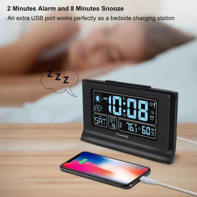 Alt view image 6 of 7 - Alarm Clocks for Bedrooms with Battery Backup, Auto Set Digital Clock with Date and Day of Week, Indoor Temperature Humidity, Moon Phase, Dimmer, Auto DST, USB Port