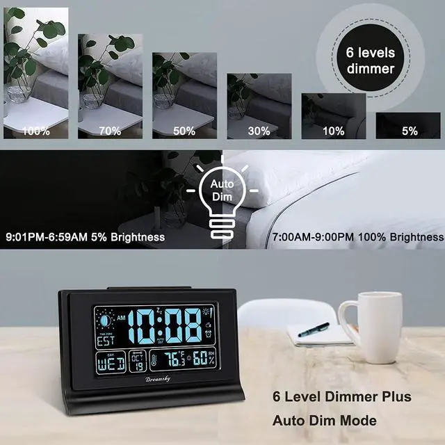 Alt view image 5 of 7 - Alarm Clocks for Bedrooms with Battery Backup, Auto Set Digital Clock with Date and Day of Week, Indoor Temperature Humidity, Moon Phase, Dimmer, Auto DST, USB Port