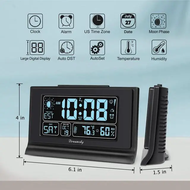 Alt view image 7 of 7 - Alarm Clocks for Bedrooms with Battery Backup, Auto Set Digital Clock with Date and Day of Week, Indoor Temperature Humidity, Moon Phase, Dimmer, Auto DST, USB Port