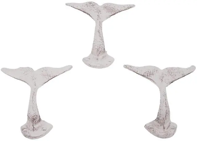 Main image of Distressed White Whale Tail Cast Iron Wall Hooks, Wall Mounted for Hanging Coats, Purses, Towels, Hats, Beach Themed Wall Décor, Set of 3, 4.75 Inches High