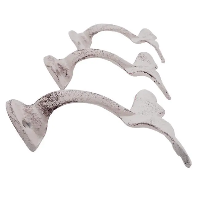 Alt view image 3 of 7 - Distressed White Whale Tail Cast Iron Wall Hooks, Wall Mounted for Hanging Coats, Purses, Towels, Hats, Beach Themed Wall Décor, Set of 3, 4.75 Inches High