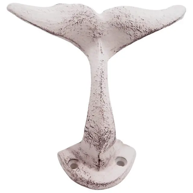 Alt view image 4 of 7 - Distressed White Whale Tail Cast Iron Wall Hooks, Wall Mounted for Hanging Coats, Purses, Towels, Hats, Beach Themed Wall Décor, Set of 3, 4.75 Inches High